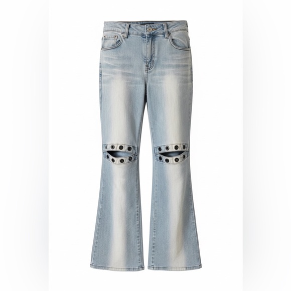 CHJ Denim - Y2K Chung Hae Jin Light Wash Open Knee Grommet Mid Rise Flare Jeans